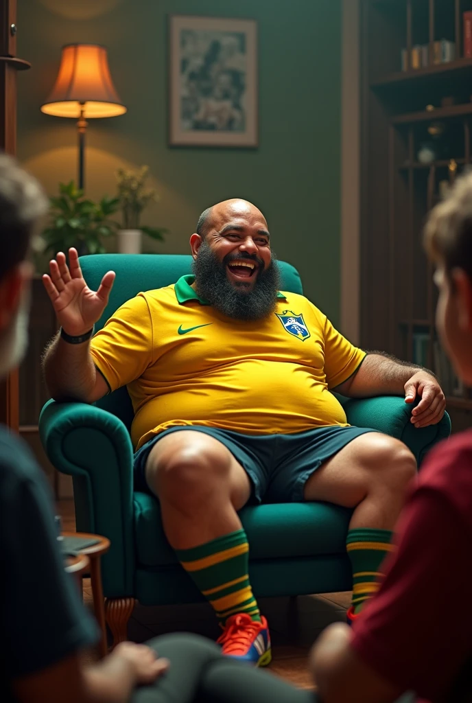 take a picture of a fat Brazilian player in a chair telling a story for the image 