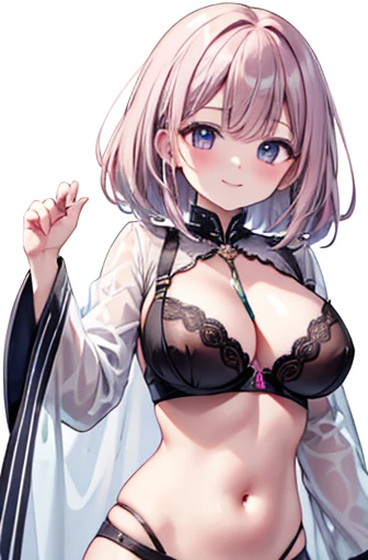 Highest quality,8k,High resolution,,smile,blouse,belly button,See-through bra,Large Breasts