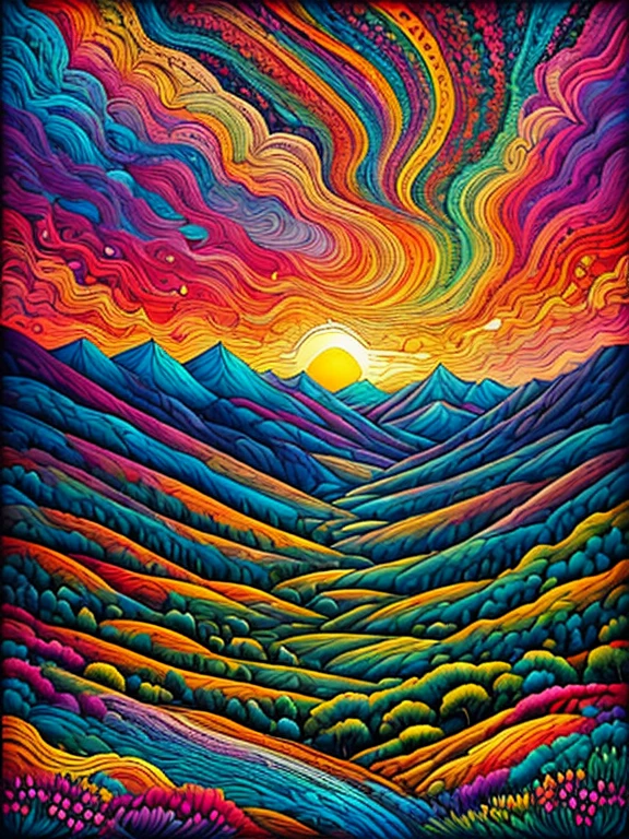 a painting of a colorful landscape with a tree and mountains, colorful landscape painting, psychedelic landscape, vibrant oil painting, vivid abstract landscape, color field painting. 8k, extraordinary colorful landscape, detailed impasto, colorful oil painting, psychedelic sky, mountains and colorful sunset!!, painted landscape, colorful sky, mythical floral hills, sunset psychedelic, colorful sunset, large colorful images