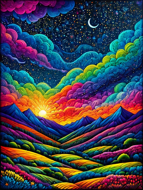 a painting of a colorful landscape with a tree and mountains, colorful landscape painting, psychedelic landscape, vibrant oil painting, vivid abstract landscape, color field painting. 8k, extraordinary colorful landscape, detailed impasto, colorful oil painting, psychedelic sky, mountains and colorful sunset!!, painted landscape, colorful sky, mythical floral hills, sunset psychedelic, colorful sunset, large colorful images