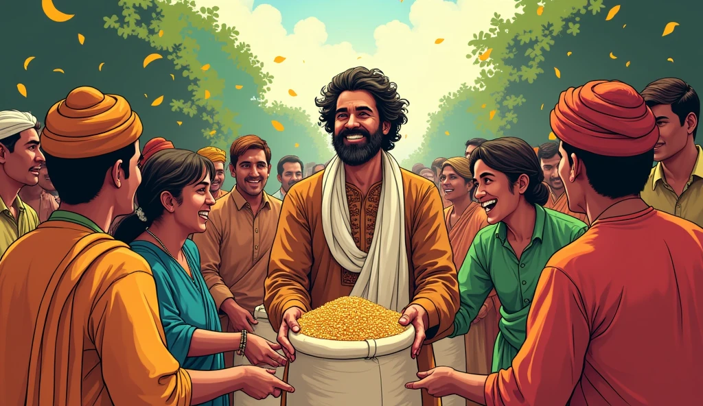 Dhruv Sharing His Harvest with the Village
Description: In a comic style, Dhruv is shown sharing his harvested crops with the villagers. He’s distributing sacks of grain to the villagers, still wearing his white dhoti and brown kurta. The villagers, who are dressed in colorful traditional attire, are smiling and thankful.
