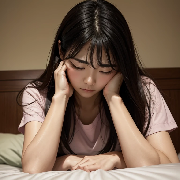 1girl, cute, sleeping, eyes closed, (freckles:0.2), lying on bed, head on pillow, bedroom, detailed background, indoor, hires, (photorealistic:1.4), (in the dark, deep shadow,low key:1.1), diffused natural skin glow, diffused dark light, wide shot