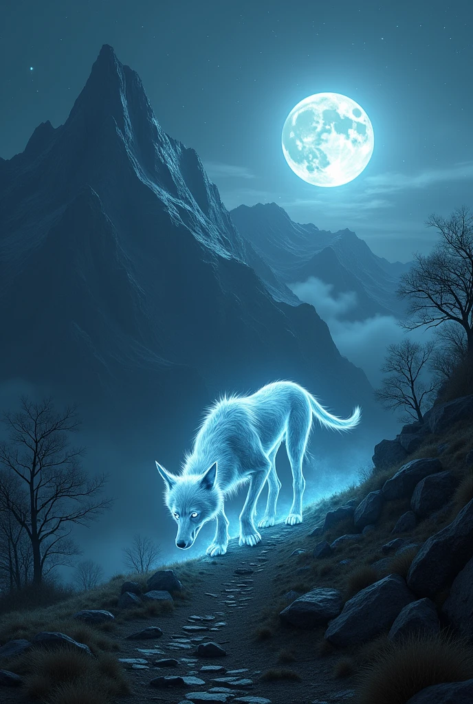a ghost dog in a mountain in night moon