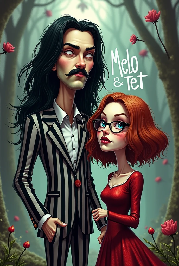 (Comicrealism 1.2) create Tim Burton esq Couple
The Man is 3, has a slighty buff body, and has long black glam metal hair and the white and black striped suit of BEETLEJUICE, he has light brown skin, brown eyes and a barely viable mustang. The girl is 2, has short half red half brown hair and a prominant red bangs, pale skin, blue eys, glasses and a red dress in the style of LYDIA DEETZ from the movie BEETLEJUICE.
Also put also Text on the artwork: MELO & TET
Make then look crazy and weird