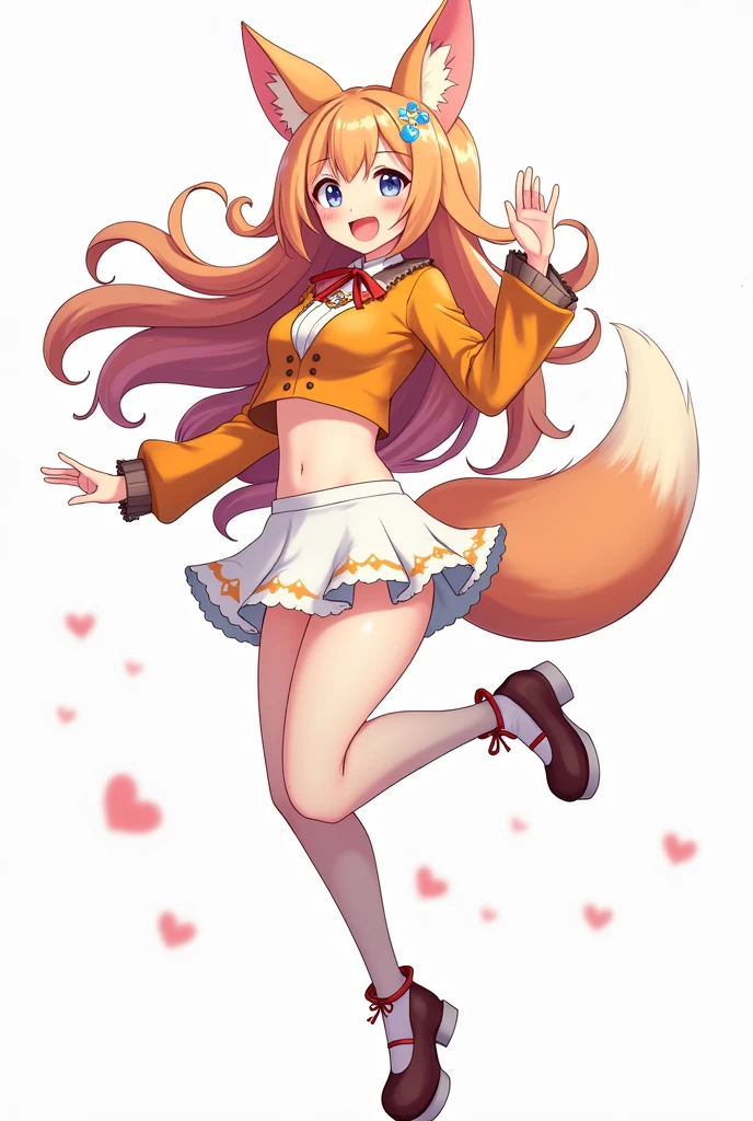 Beautiful Vtuber girl long hair smiley face with a fox ear wearing an beautiful orange crop top, white short skirt and stocking. Jumping pose. no background. No shadow