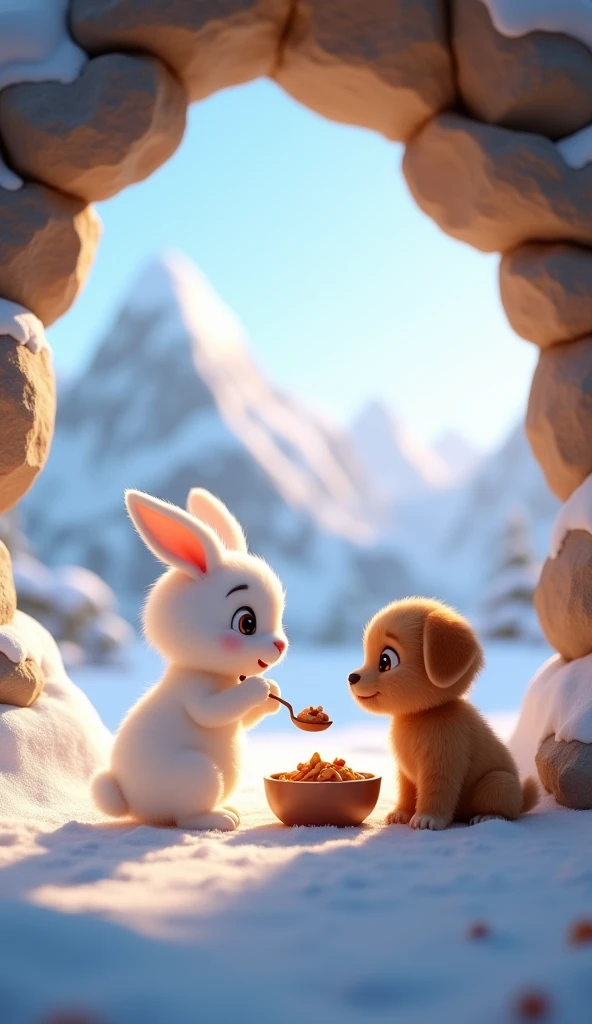 There is snow all around and snow is falling as well. There are mountains behind which are covered with snow. The background must be clear. There is a small white coloured rabbit baby who has small ears and whose eyes are very beautiful, his hair is like feathers. And there is a small dog baby who is smaller than the rabbit, he is very innocent and is brown in colour. There is a stone cave which has light and inside the cave the rabbit is feeding food to the dog with the help of a spoon with his hands. The food is in a bowl.image in 3d animation