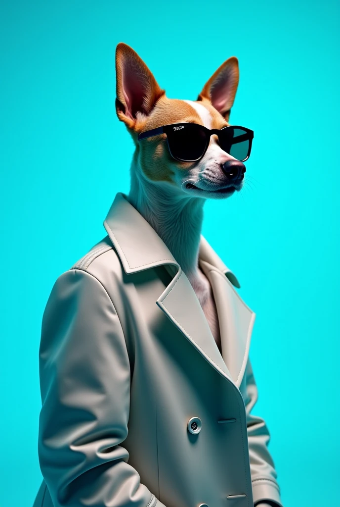 The best cell phone wallpaper, Award-Winning Wallpaper, portrait photography, In the front view is a portrait of a cute dog wearing mid-1960s space age fashion, Side view photo, Shot with Canon EOS R5, Set a strong contrast that accentuates the subject, Fluorescent blue tone, Wearing a very modern coat and sunglasses is a modern 1960s style, Clothes all in one color, beautiful background