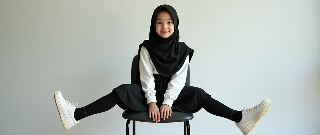 Best quality, masterpiece, ultra high resolution (photorealistic: 1.4), raw photo, 1 girl, European, cute and adorable girl, black hijab, age girl, (school uniform, white shirt, black skirt), ((black socks)), white air force sneakers, in a photo studio, full body view, sitting on chair, spreading her legs apart
