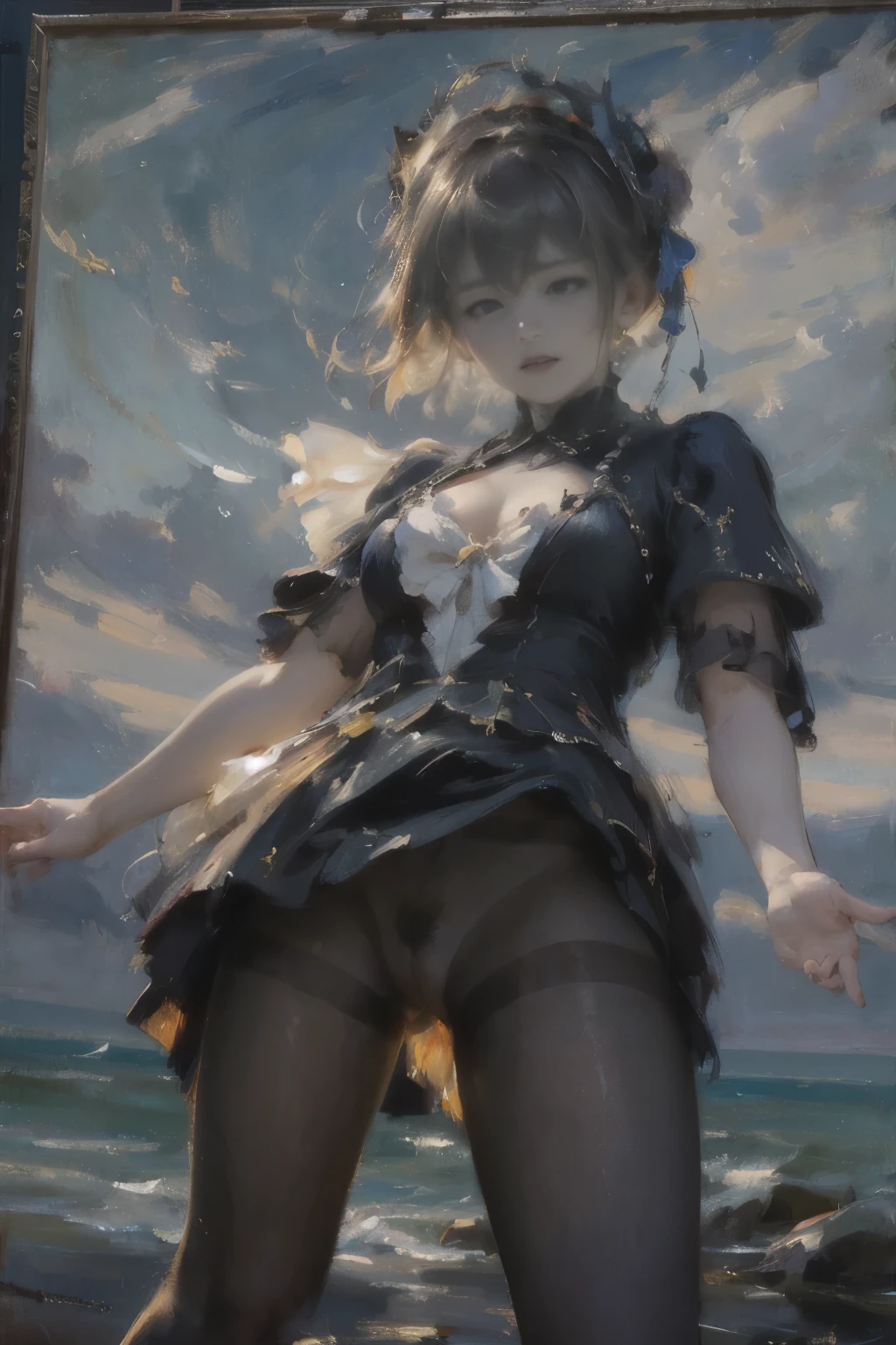 drooping eyes, sleepy face, (the secret behind the rock, feminine clothes, takeoff bottom), open legs, masturbation with stuff, (((dark pantyhose))), (showing off her pubic hair), closeup crotch, near the beach, sea, (((old oil painting, impressionism, eccentric pose))), angle from below,
