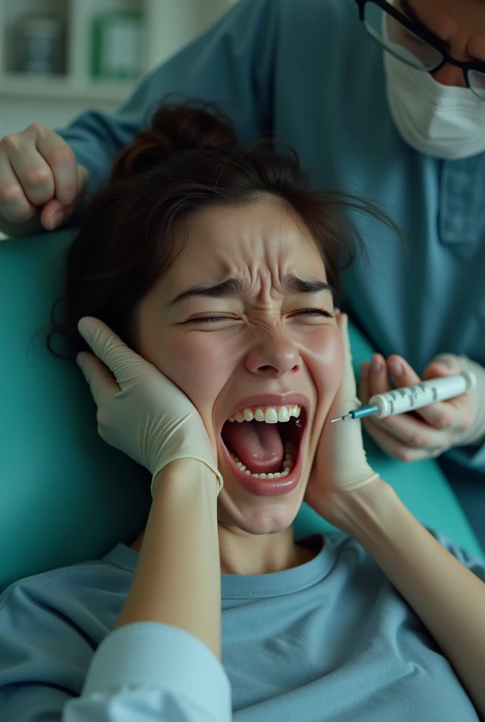 A woman gets an injection inside her arnus and she is crying