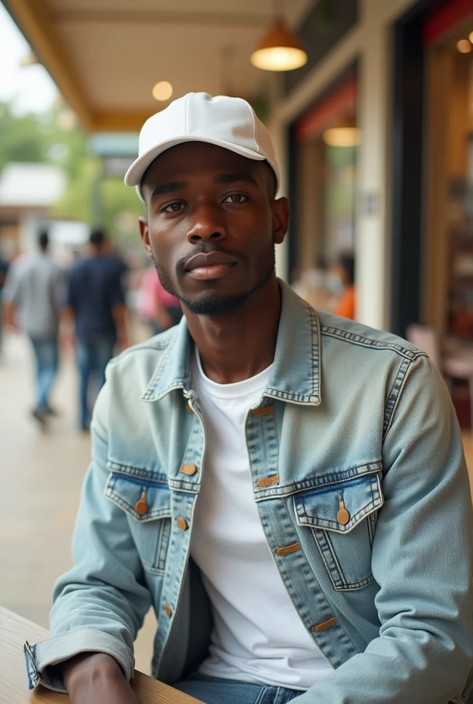 best qualityer:1.4), (ultra high resolution:1.2), (photorrealistic:1.4), (8k, CRU photo:1.2), a thin young man of 20 years old, skin black, with a smooth, beardless face, corte de cabelo buzzcut. He is wearing a white shirt and light jeans.. He is wearing a light denim jacket. is wearing a white cap. He is sitting at a mall table. thin build. 1,75cm tall. It's sunny. thin build. is looking at the camera. 1,75 cm tall. thin build