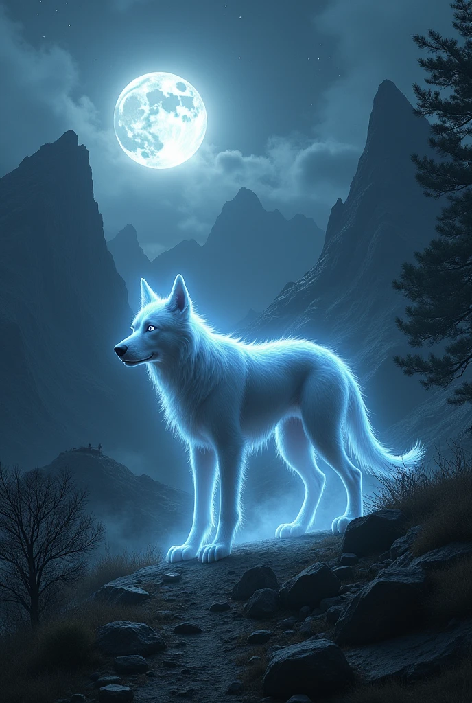 a ghost dog in a mountain in night moon