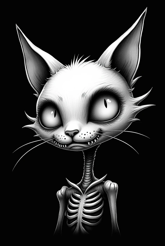 Cat head design for black t-shirts Tim Burton style in black and white 