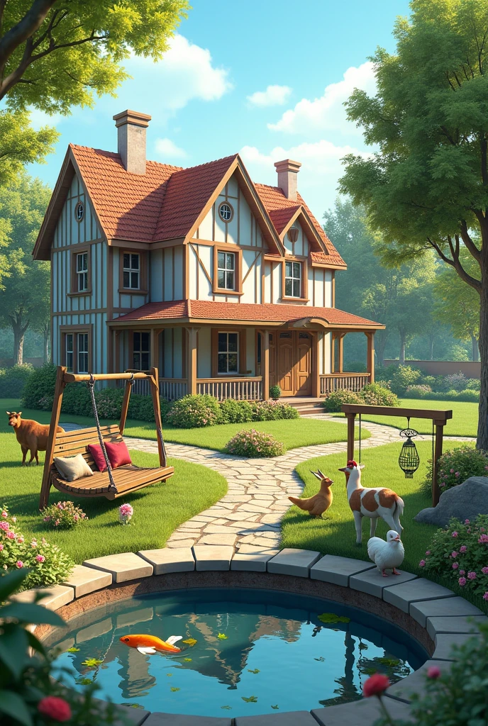 Beautiful House with gardan & in garden beautiful fish pond with morden swing & all around animals like cow, goat ,rabbit , chicken , duks, animation 