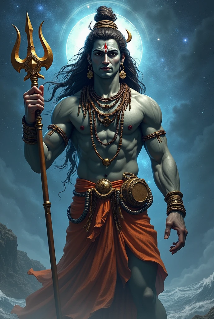 Create an image of lord shiva in tiger skin with rudraksh necklace on his neck and also rudraksh chain in his muscled arms and a serpent also on his neck with a crescent moon on his hair which is in locks with a trishool in his arm that also has a damru attached to ir with a manly holy aura and a cosmic ocean in the background Make sure that the snake with its head raised is visible around his neck