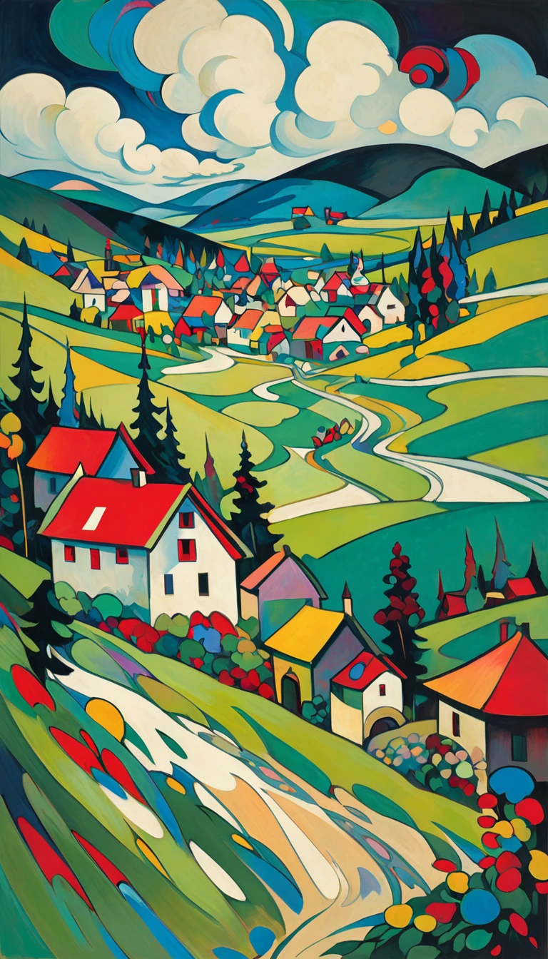 artist by Wassily Kandinsky,inside the village,wild animals,light tones,(smooth strokes),fine sketches,Vivid,Moody,Landscapes,Fantasy,Dark,landscape oil painting, red and green colors