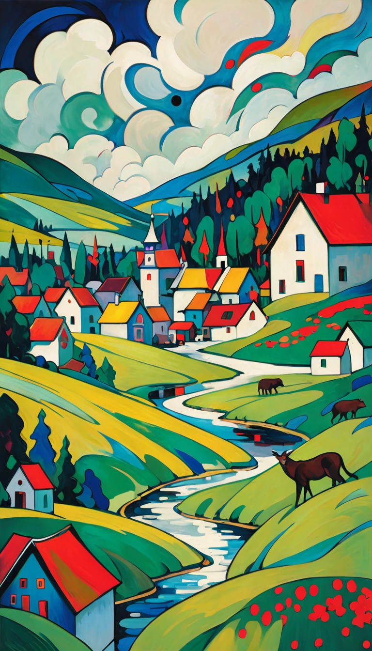 artist by Wassily Kandinsky,inside the village,wild animals,light tones,(smooth strokes),fine sketches,Vivid,Moody,Landscapes,Fantasy,Dark,landscape oil painting, red and green colors