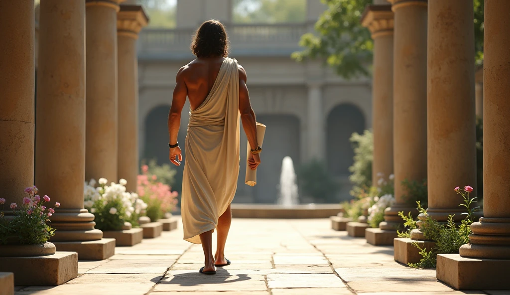The scene shifts to a serene Roman courtyard where the philosopher walks slowly along a pathway lined with tall, marble columns. His tunic flows behind him as he holds a scroll tightly, signifying responsibility. A fountain in the background softly bubbles, and flowers bloom around it, symbolizing growth. The philosopher’s gaze is calm and determined, reflecting his realization that true power lies within. The sunlight highlights his well-defined features and muscular build, with the open tunic emphasizing his strength. The setting reinforces the concept of taking control of one's life with dignity and grace. Photorealistic
