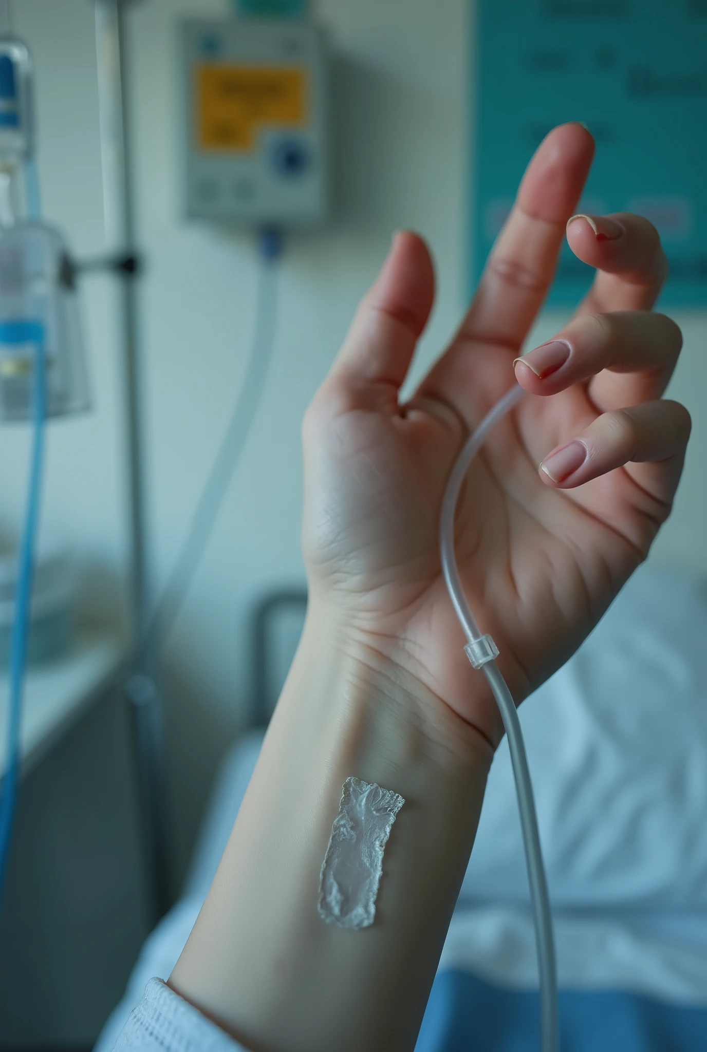 Make a point of view picture of a girl's hand that has a dextrose. She admitted because of low blood pleasure and a flu. Just make it sure the point of view is from a girl, and show only in    the picture that her hand has a dextrose
