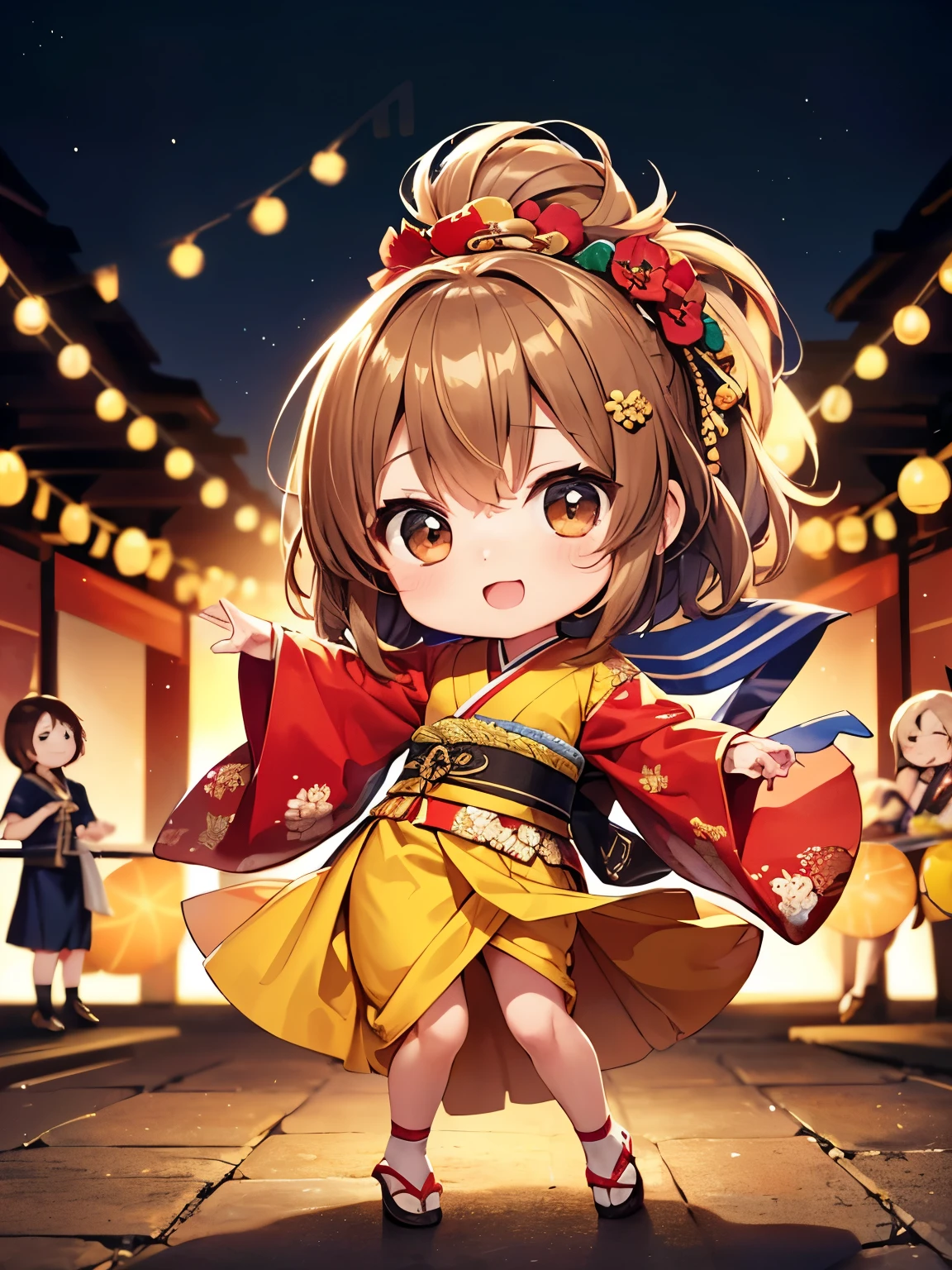 (((Dance Band)))、Golden-brown haired chibi character、A beautiful depiction using tens of thousands of colors、masterpiece、Ultra HD、super high quality、8k、(((A brown-haired chibi character dancing while mixing)))、A delicate and cool sari-style outfit combined with a Japanese festival theme