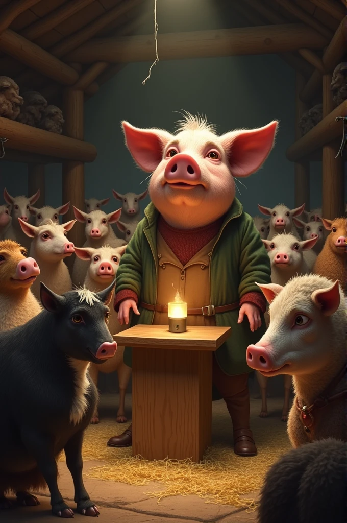 a group of farm animals gathered in a stable, listening attentively to an old pig (The Old Major) which is located on a small podium, illuminated by the light of a lamp, while the other animals surround him with expressions of curiosity and hope.