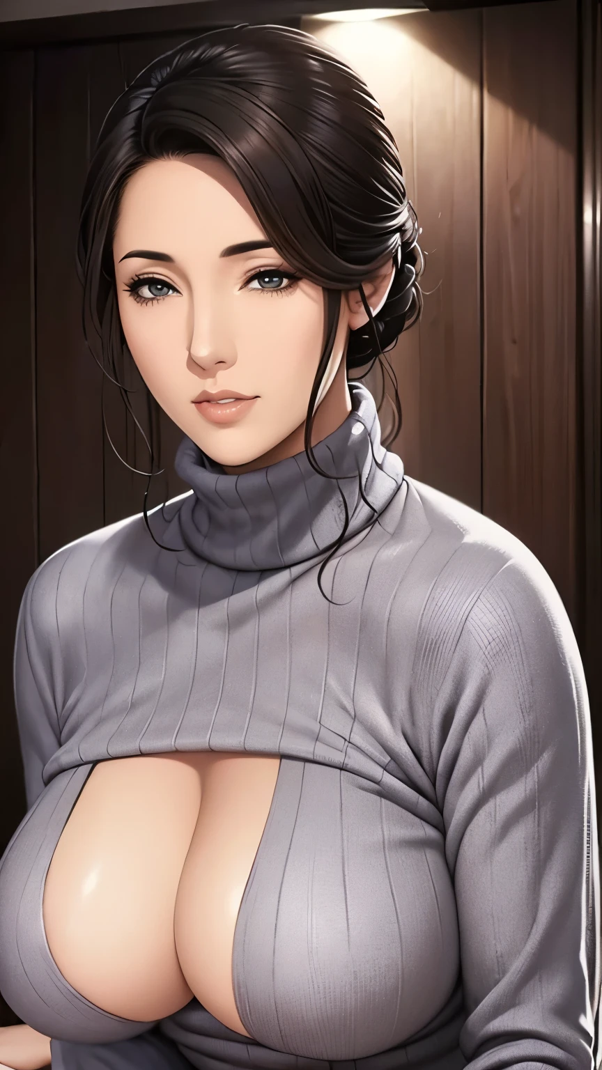 Beautiful mature woman, In a turtleneck sweater, Relax in the hot springs, Front view, Written by hand, Illustration Style, Detailed facial features, Very detailed, 8k, Realistic, Beautiful attention to detail, Beautiful lip detail, Very detailed顔, Intricate details, Warm color palette, Soft lighting, Digital Painting, masterpiece