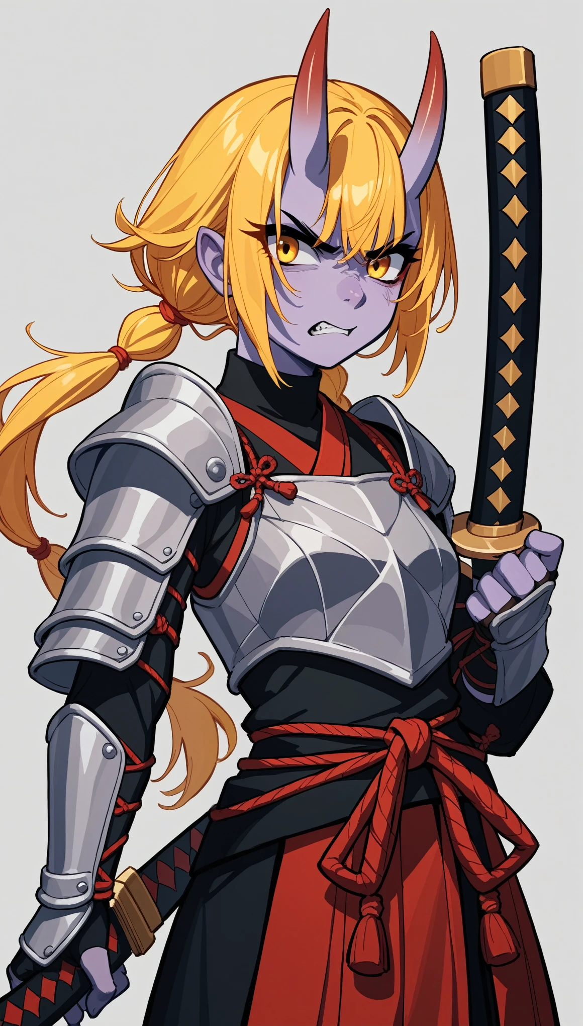 score_9, score_8_up, score_7_up, score_6_up, score_5_up, score_4_up, BREAK source_anime, [source_anthro], rating_safe, [rating_explicit],

1 girl yellow hair in pigtail extra small breasts
angry look in her eyes
Wearing Oni mask on her face
wearing samurai armor
Holding katana in hand and one katana strapped on her back