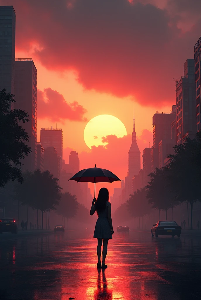 Landscape,city,sun set,hold umbrella girl ,dark sence,3d,stand middle of city,look on screen 