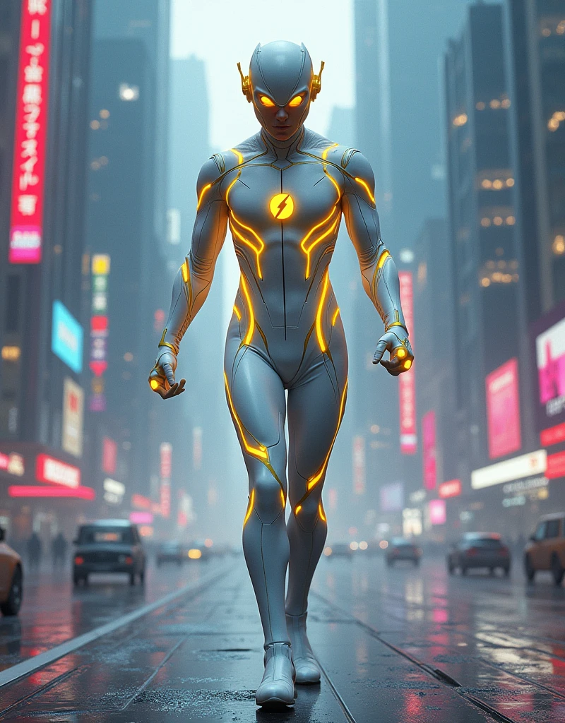 Dc universe flash superhero white glossy futuristic suit with neon yellow lights in suit cyberpunk neon city