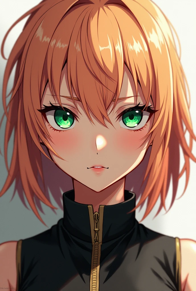 A woman who looks like Akane Inui from Tokyo Revengers,with peach blonde hair and expressive green eyes