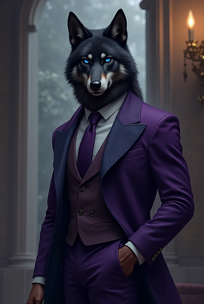 Male, Furry, Wolf, Noble, Purple Suit, Black Fur, Blue eyes, Charming