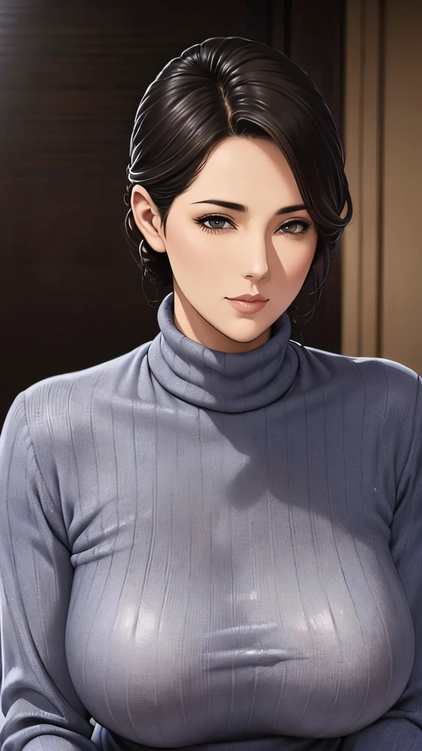 Beautiful mature woman, In a turtleneck sweater, Relax in the hot springs, Front view, Written by hand, Illustration Style, Detailed facial features, Very detailed, 8k, Realistic, Beautiful attention to detail, Beautiful lip detail, Very detailed顔, Intricate details, Warm color palette, Soft lighting, Digital Painting, masterpiece