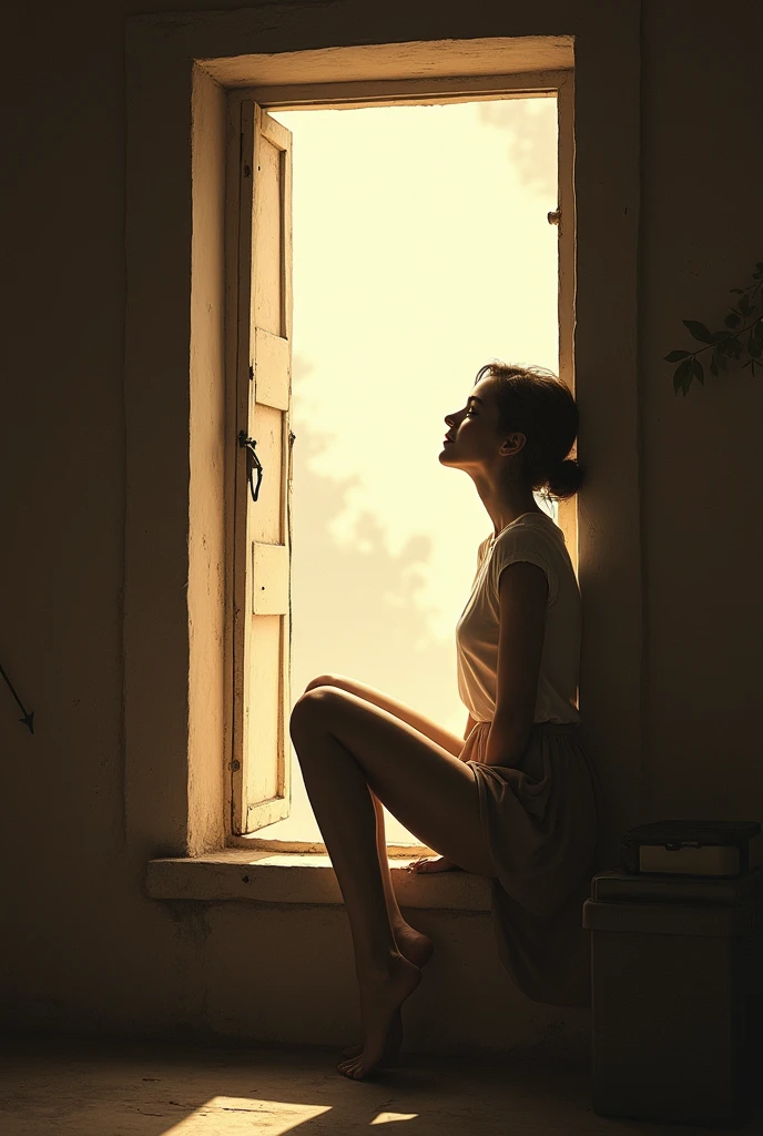 old house, opened window, woman sitting at the window, Sun rays coming through the window, narrow door, short skirt, shirt, brunette, barefoot, like monica belluchi, monochromatic, looking up, happy, monochromatic, old photo style, sculptural body, beautiful legs.
