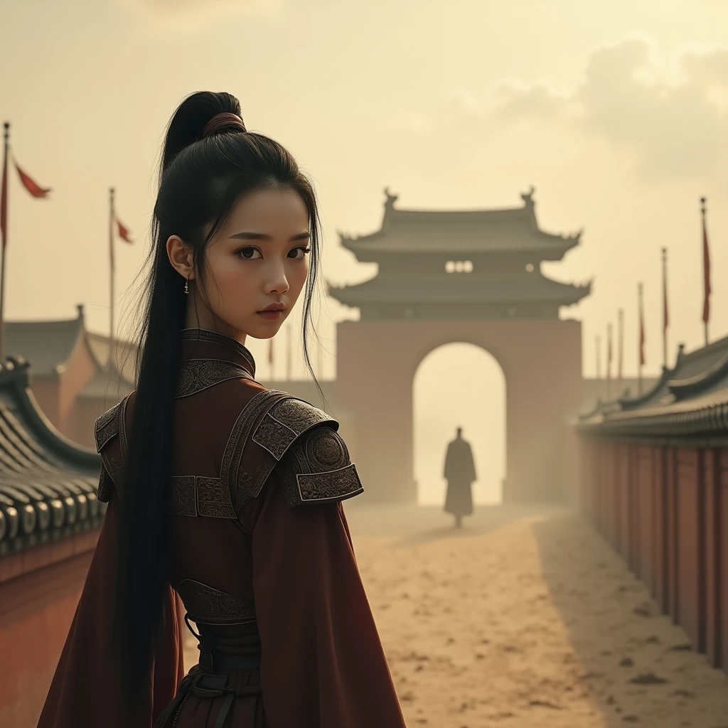 During the Tang Dynasty of China, a slender young woman with an oval face and large, sharp eyes that were always sparkling, wearing a dark brown armored general's uniform, stood on a building on the city gate wall and looked ahead at the figure of a man wearing only a dusty grey cotton cloth walking through the dusty mist towards the city gate. The atmosphere outside the gate was a mixture of soil and sand, and dust was sometimes raised from the wind, showing the great distance between the young woman and the young man who was walking towards her. If looking from behind, the young woman could see the figure of a man walking in the distance.