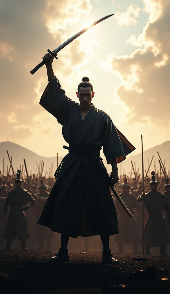 A triumphant scene of a samurai holding a katana high in the air, standing before a kneeling army, UHD, cinematic lighting, strong contrast.