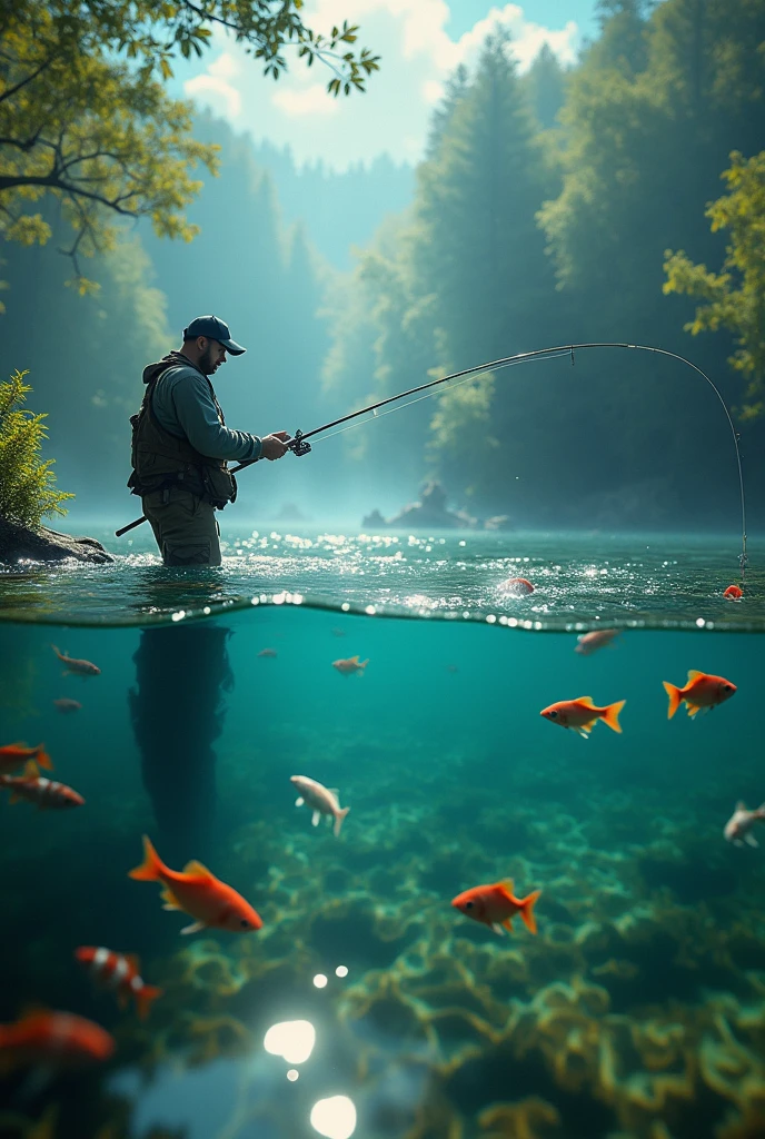 A man putting fishing rode into a transperant pont and many fishes are clinched on it under water