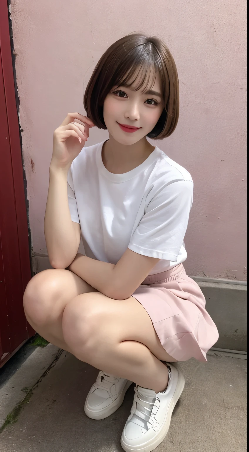 In detail,Full body photo、 smile、High resolution, high quality、Perfect dynamic composition, Beautiful details, blonde、Bobcut、Natural color lip,Kamimei、1 person、1 person、Beautiful Skin、White shirt、Red mini skirt、Thighs、Shiny Hair、最high quality, shape, Very detailed, In detail, High resolution, 8k、The correct state of the human body、Squat、Sculpture model pose,Pink Wall