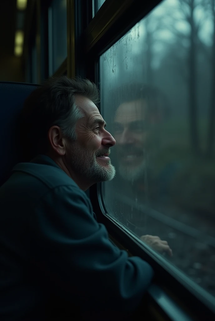 A man who is traveling by train during the night is sleeping near a window in the dark of the night Suddenly his eyes opened and he was very scared and an image was generated