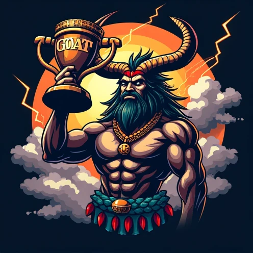create a sports logo with the name "village" with a mascot God of thunder Tupã holding a trophy written "goat" por dentro