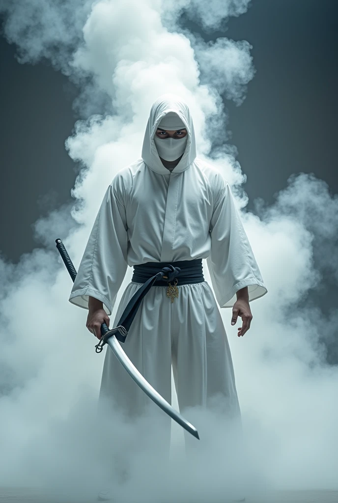 Good physical shape man wearing white Japanese ninja combat suit with white full face mask has steam on his body holding a katana that has white fire, has no face