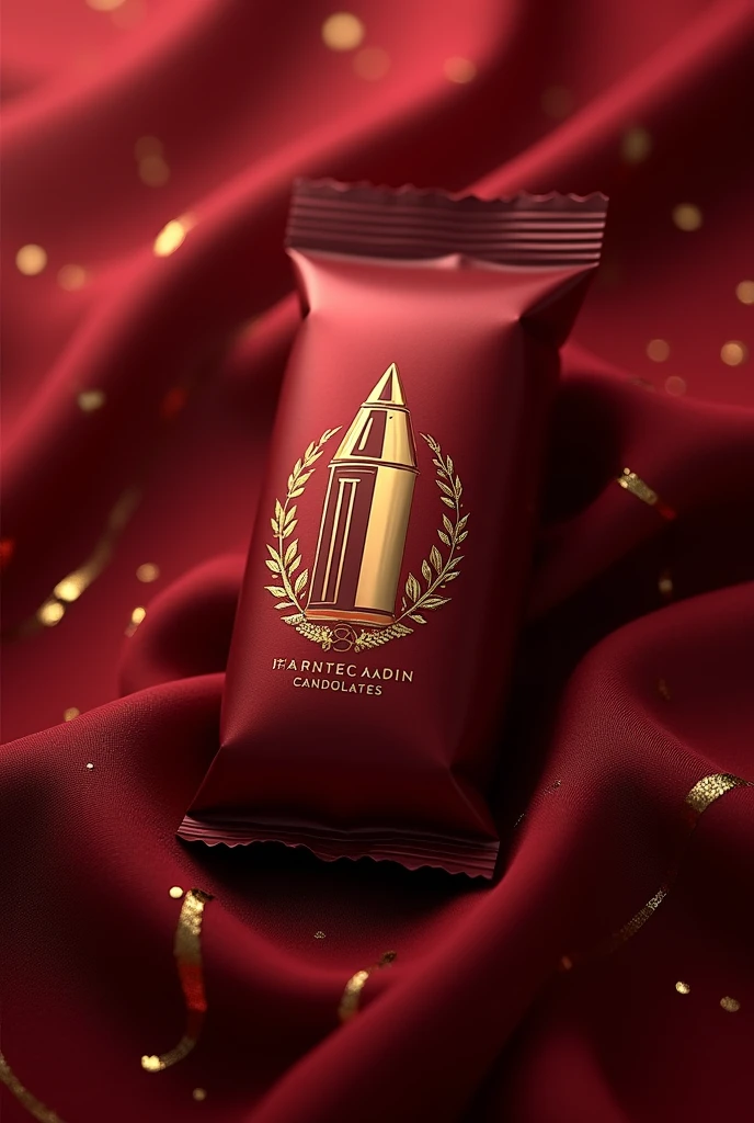 Create a candy wrapper design in burgundy, red and gold tones, make a logo based on the Rome bullet