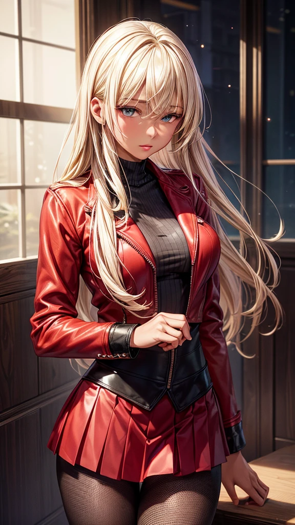 masterpiece, 最high quality, high quality, High resolution, high quality texture, high quality shadow, High Detail, Beautiful details, Detailed, Extremely detailed CG, Detailedテクスチャー, a Realistic representation of the face, Realistic, colorful , delicate, Cinematic Light, Side light, Lens flare, Ray Tracing,tailed beautiful delicate face, detailed beautiful delicate eyes,Beautiful eyes, beautiful hair, nice lips, beautiful face, blonde hair, dark skin, red jacket (Black tight skirt) Fishnet tights