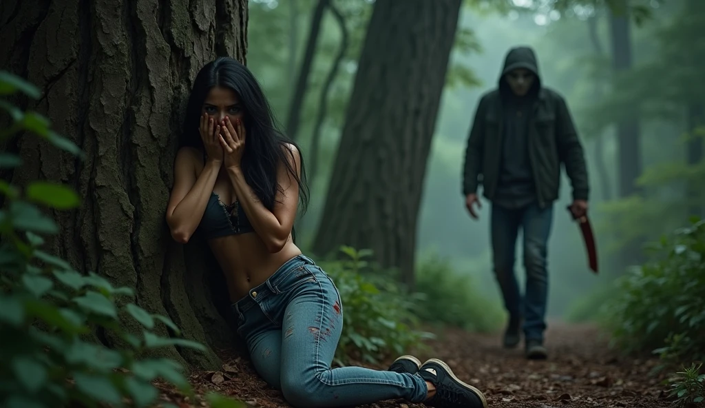ultra realistic, photography, long black straight hair, messy hair, (30 years old, hazel eyes, hourglass figure, perfect fit body, natural big breasts), femme fatale, she is wearing a very ripped and torn blouse with a plunging neckline, pushed down over her right shoulder, blood is on her blouse, she got cuts and scratches, there are bloodstains on her blue jeans, her sneakers are dirty, she is hiding in the woods, standing behind a huge tree, she is leaning against the tree, she looks very scared, she covers her mouth with her hands, a guy with a devils mask and a bloody machete is approaching behind her tree, he is looking around, extreme wide angle