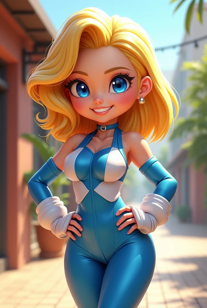 Chibi, fitnes girl, sexy, cute, smile, blue eyes, sunnny day, power rangers blue white latex clothes, ombreira, yellow hair, big butt,
