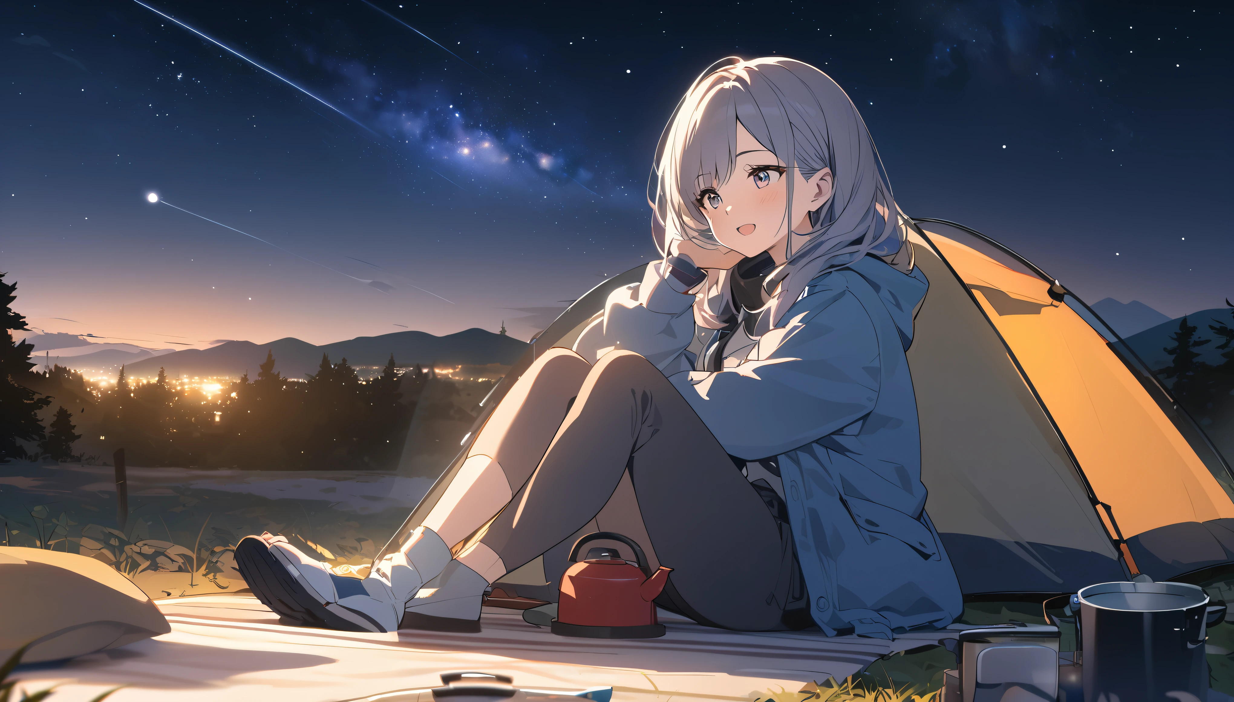 Woman gazing at the stars while camping,Streetscape、listen to music、Japanese