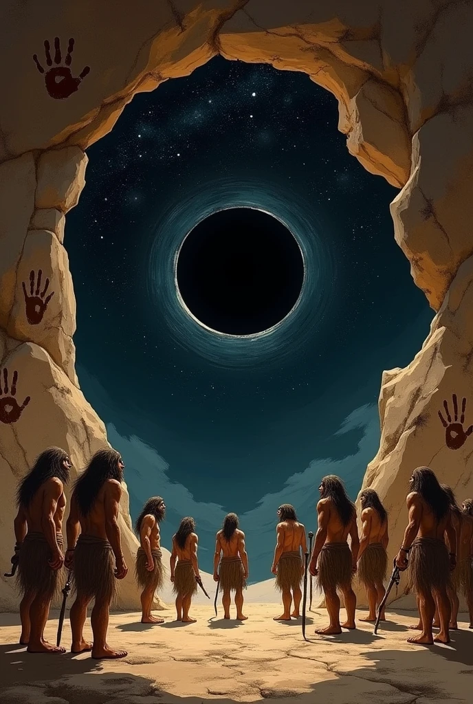 Cavemen worshipping a blackhole, generate it in a way how cavemen would draw it on a rock