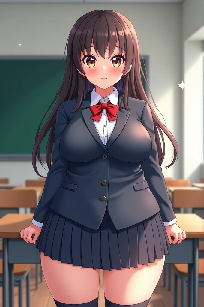 closeup upperbody,breasts focus,Looks bigger breasts,(bascule breasts:1.5),(Chewy breasts,tender breasts:1.3),blouse,(clothed breasts:1.4),(Floating up breasts:1.1),school blazer,(schooluniform),(Attract the attention of the public,crowd:1.3),(indoor:1.3),Twin tails,Brown Hair,Big ribbon,