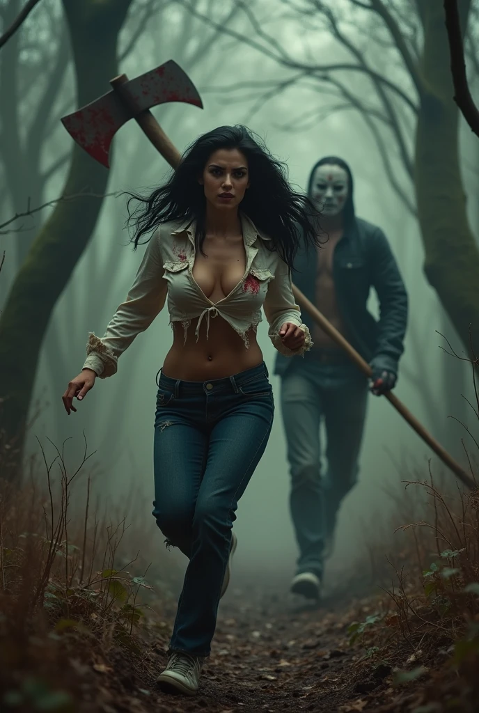 ultra realistic, photography, long black straight hair, messy hair, (30 years old, hazel eyes, hourglass figure, perfect fit body, natural big breasts), femme fatale, she is wearing a very ripped and torn blouse with a plunging neckline, pushed down over her right shoulder, blood is on her blouse, there are bloodstains on her blue jeans, her sneakers are dirty, she is sprinting through the woods, she is screaming in terror, she is very afraid, a guy with a devils mask and a big bloody axe is running after her, extreme wide angle