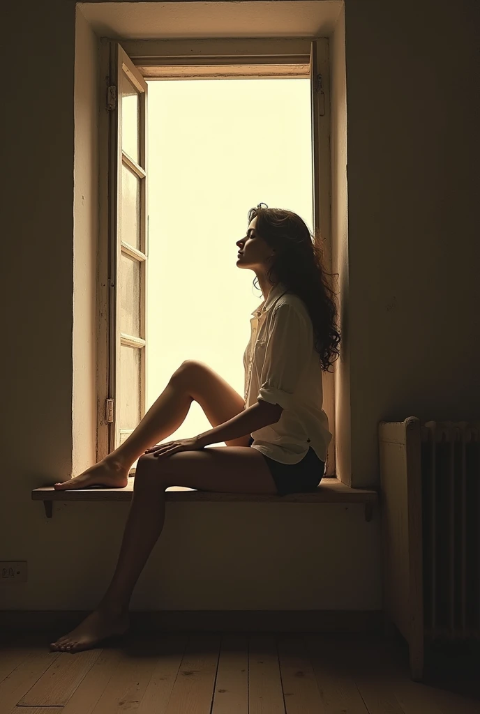 old house, opened window, woman sitting at the window, Sun rays coming through the window, narrow door, short skirt, shirt, brunette, barefoot, like monica belluchi, monochromatic, looking up, happy, monochromatic, old photo style, sculptural body, beautiful legs.