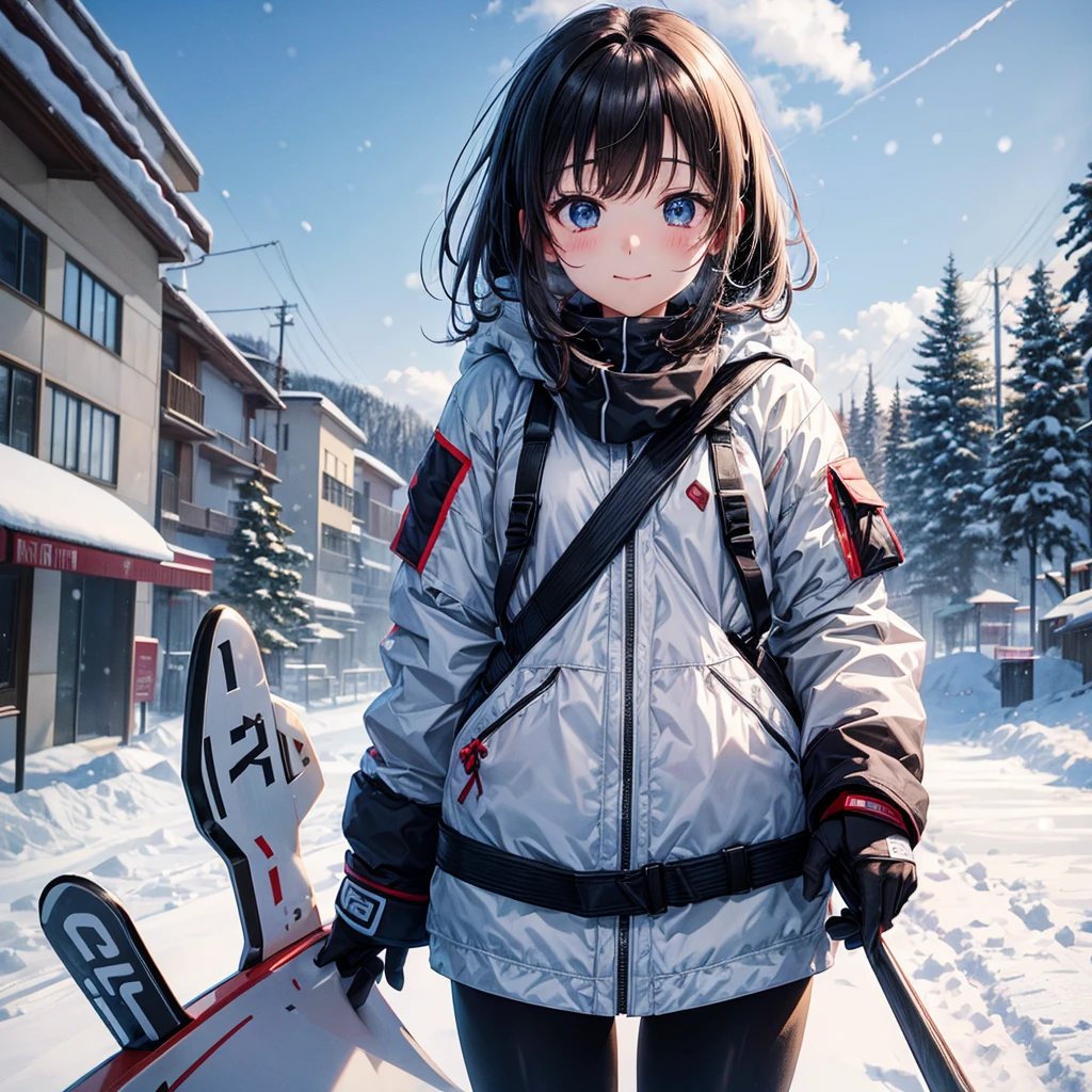 anime, Tabletop, Highest quality, 8k_wallpaper, (Beautiful Eyes), ((Snow is piling up)), cute, (Gray top and bottoms),One Girl,small ,1 female student、smile、Brown bob hair、(((Snow as far as the eye can see)))、Ski resort on a sunny day、snow board、(((snow boardを手に持っている)))、